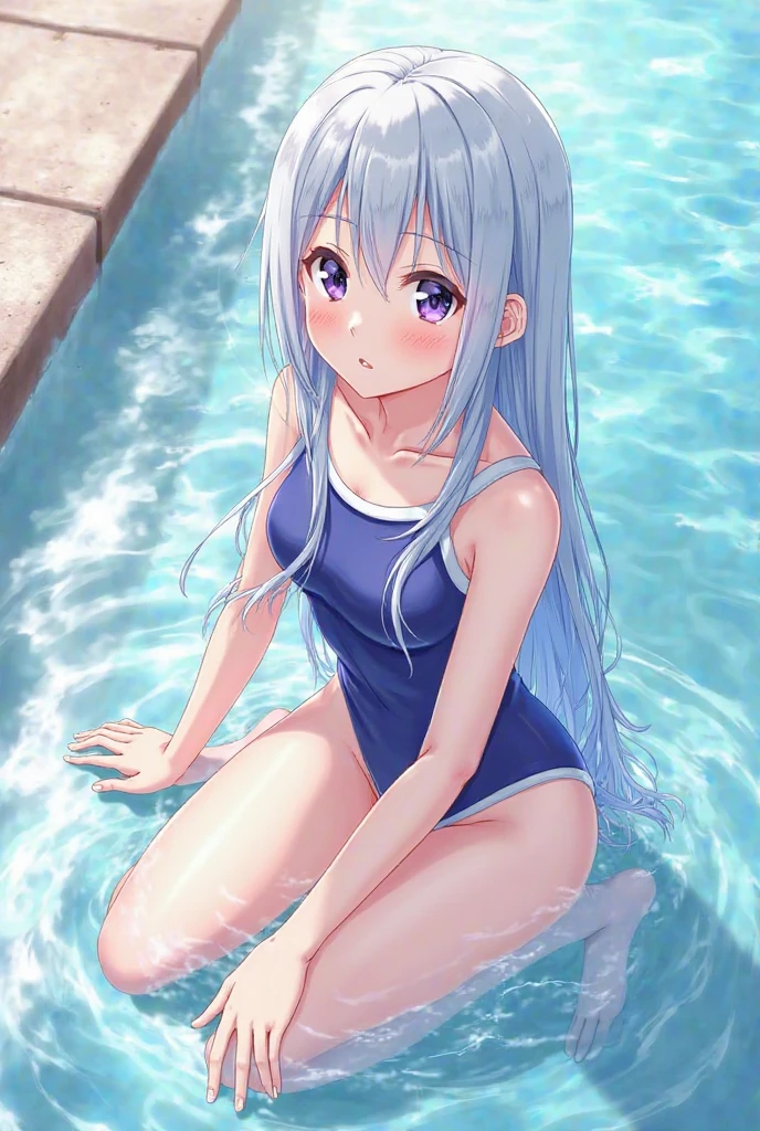 Highest quality, 4K, One woman in a swimsuit, Blue hair long, Big eyes, Young face, Small modest breasts, Small breasts, Slender Body, ((White one piece swimsuit)), Crouching on the beach, squat, Open your knees wide, Showing off your crotch, A close-up of the crotch from a low angle, Put your hands behind your head, Get wet