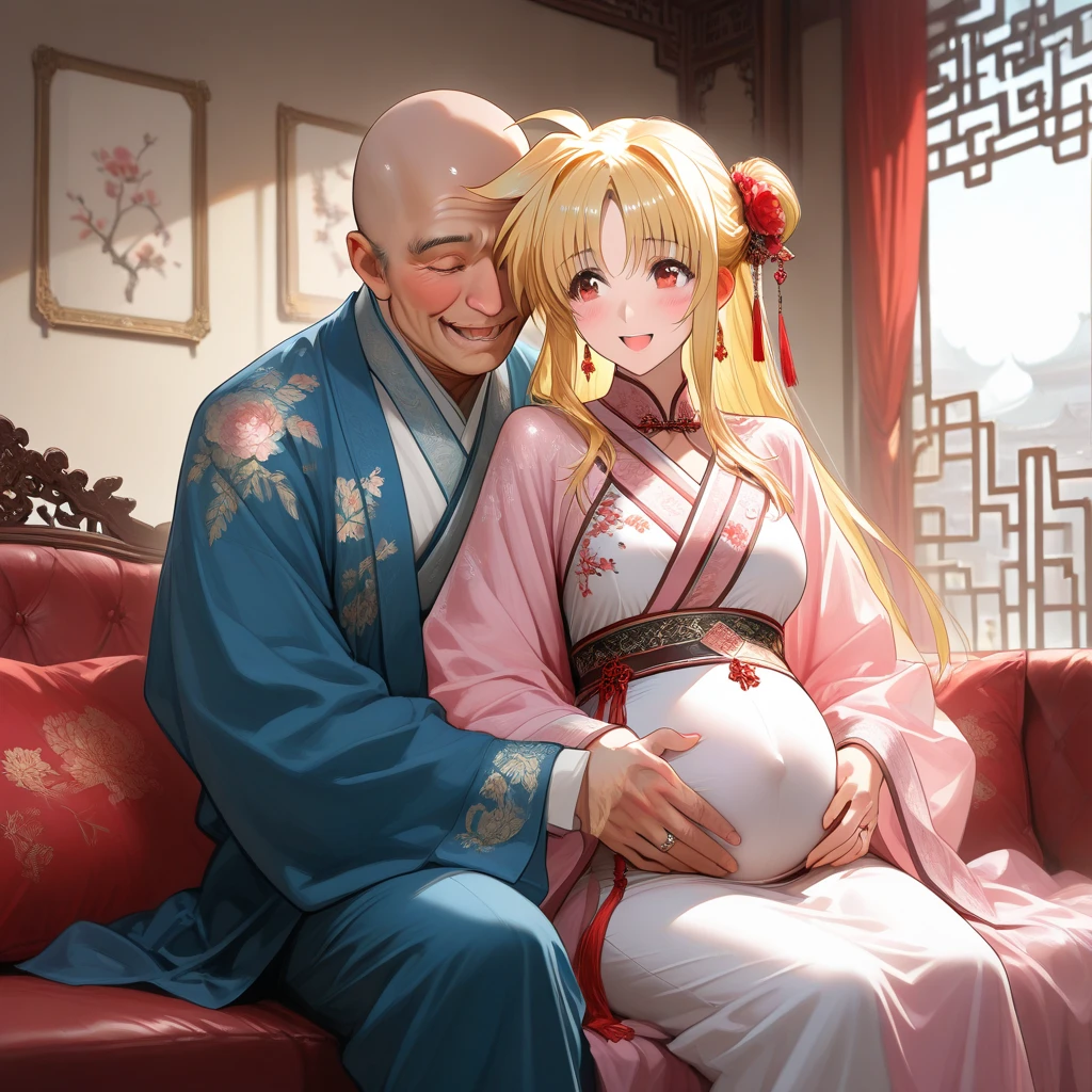 ((Highest quality)), ((masterpiece)), (detailed), （Perfect Face）、The woman is a Mongolian woman named Tsukino Usagi, and is wearing a gorgeous and colorful Mongolian national dress called Dale in a Mongolian mansion, with gorgeous jeweled accessories and an engagement ring. The woman and the man are sitting on a gorgeous, large sofa in the luxurious room, and the woman is being embraced by a dignified, bearded, middle-aged Mongolian man wearing a Mongolian national dress, who is touching her breasts and groin and kissing her.、The woman is the elegant Tsukino Usagi, with her long blonde hair in a chignon twin tail, and wearing the colorful Mongolian national costume, the Mongolian Tsukino Usagi.、the woman is pregnant