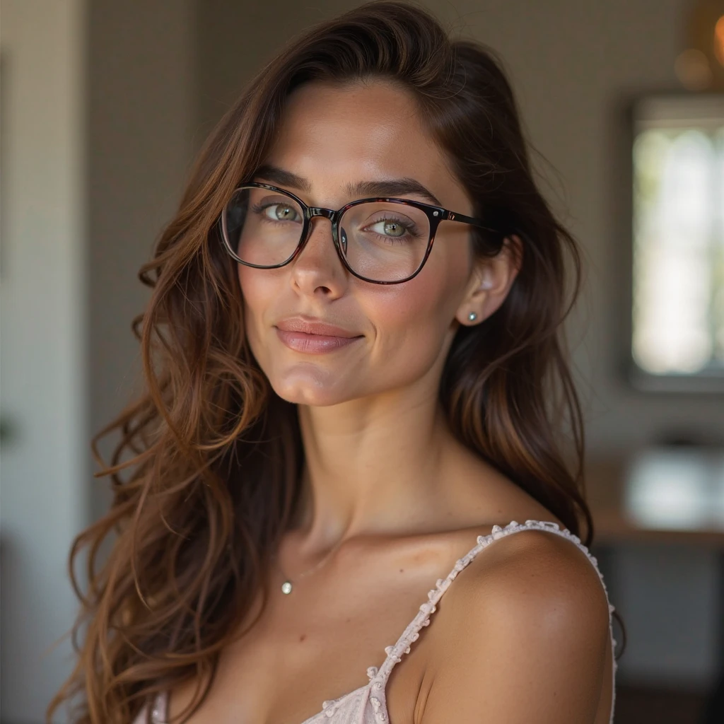 A very beautiful woman with long, silky brown hair, yeux verts et bruns naturels captivants, and lips that are full but not too big. She wears stylish brown round glasses. La photo est recadrée sous son buste.elle se trouve dans une salle de sport a faire des exercice Elle a une expression gracieuse et sereine, et ses cheveux tombent doucement sur ses épaules. Le fond est simple et neutre pour mettre en valeur ses traits.