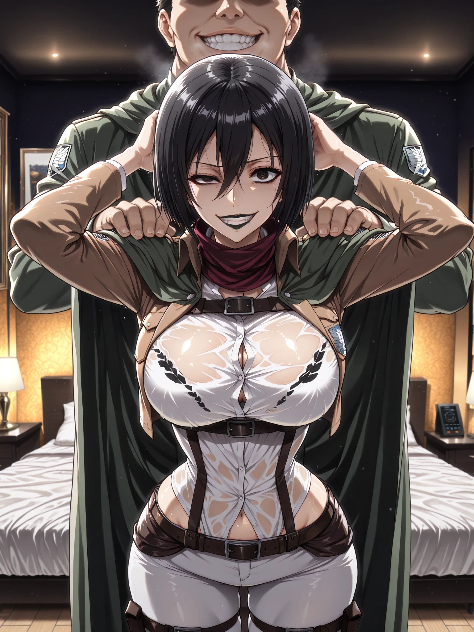 1girl, solo, short hair, bangs, shirt, black hair, hair between eyes, brown eyes, closed mouth, , scarf, lips, wind, red scarf, , nose, , mikasa ackerman, room, abs,, breasts, bouncing breasts, nipples, looking down, blush, , grey eyes, nude, , looking at viewer, seductive smile, crazy smile, side, on side, holding breasts, hand on breasts, hands on own breasts, bouncing breasts, close up, angry