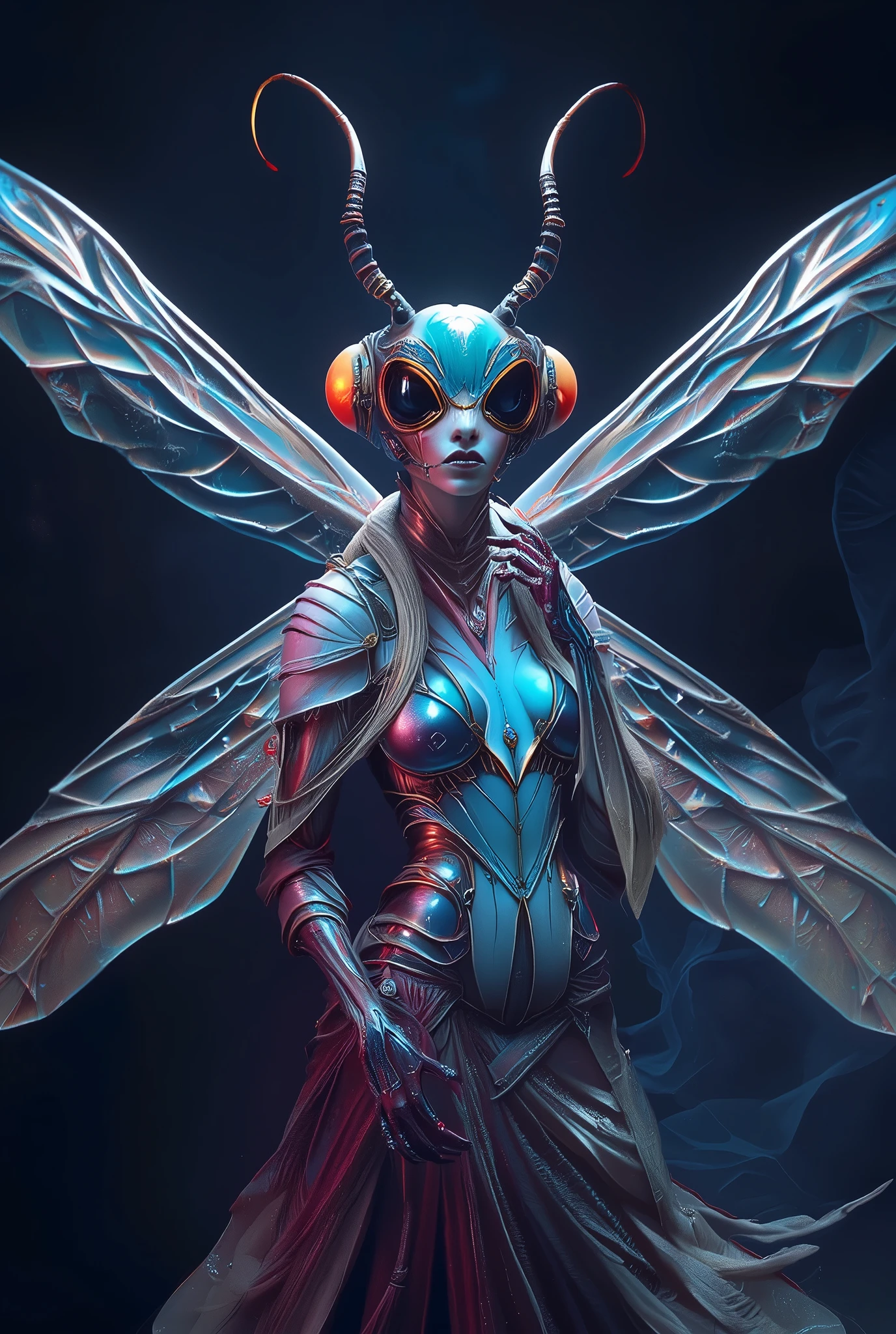(Best Quality, 4K, high definition, masterpiece:1.2), (super detailed, photorealistic looking happy:1.37), photo taken by professional photographer, a beautiful, extremely sensual queen of bugs, detailed facial features, elegant posture, alluring expression, best quality, 4K, high resolution, photorealistic, HDR, UHD, studio lighting, vivid colors, fantasy scene, dark atmosphere, dramatic lighting, intricate details, macro photography, insect portrait, neon colored