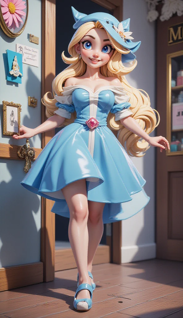 a young woman, hair down to the middle of her back, curly and blonde. she has blue eyes. She is wearing a dress with sparkly diamonds. she has big breasts. the dress leaves her shoulders off and she wore a diamond necklace. She is in a chic and fine clothing store. bevery hills store.