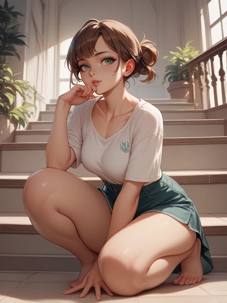 realisticlying，Face Real、16yo girl、Look up from below wearing a green tight-fitting turtleneck sweater that emphasizes the luster of the skin、Close up of sitting on a chair with your back turned、Wearing red shorts、s ass、emphasizing thighs、Face smile