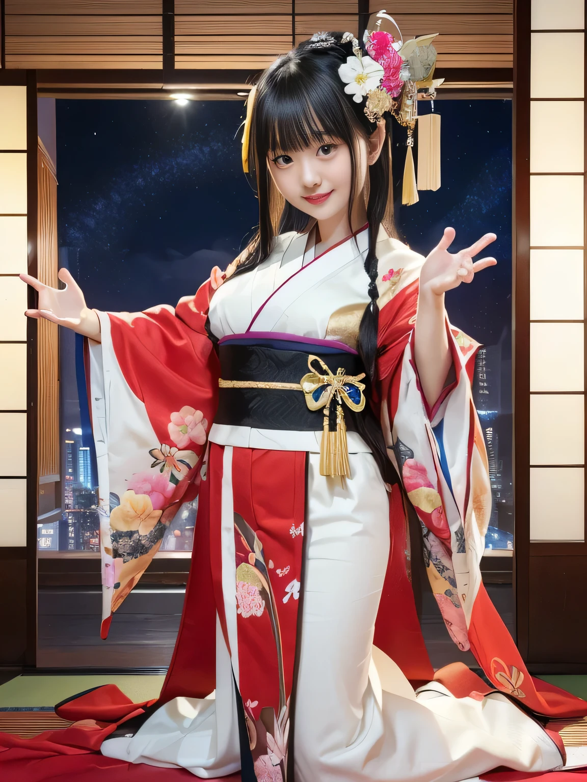 (springの日本家屋内)))(((traditional sitting room)))(((Luxurious Japanese-style room )))(((A dim Japanese-style room at night 3.0)))(((illuminated by moonlight)))(((spring)))、(((best image quality、highest resolution、greatest masterpiece、8k)))、(((Detailed Faces)))(((cute face)))(((Baby Face)))(((Young contour)))(((Lovely Eyes and Nose)))、((( Blizzard 10 )))(((model body type)))(((Perfect Podiline)))、(((Big Breasts 1.0)))((( Detailed Body .5)))(((nsfw)))(((human girl wearing furunose 1.0)))(((Long Straight Hair)))、(((Gorgeous Geisha Kimono 1.0)))(((Flashy Decorated Geisha Kimono 1.0)))(((Sparkling Flower Geisha Kimono 1.0)))((platinum silk furunose kimono 1.0))、(((dynamic standing pose 2.0)))(((random standing pose 2.0)))、(((A smile of happiness)))、(((Cute)))(((graceful)))(((fascinating)))