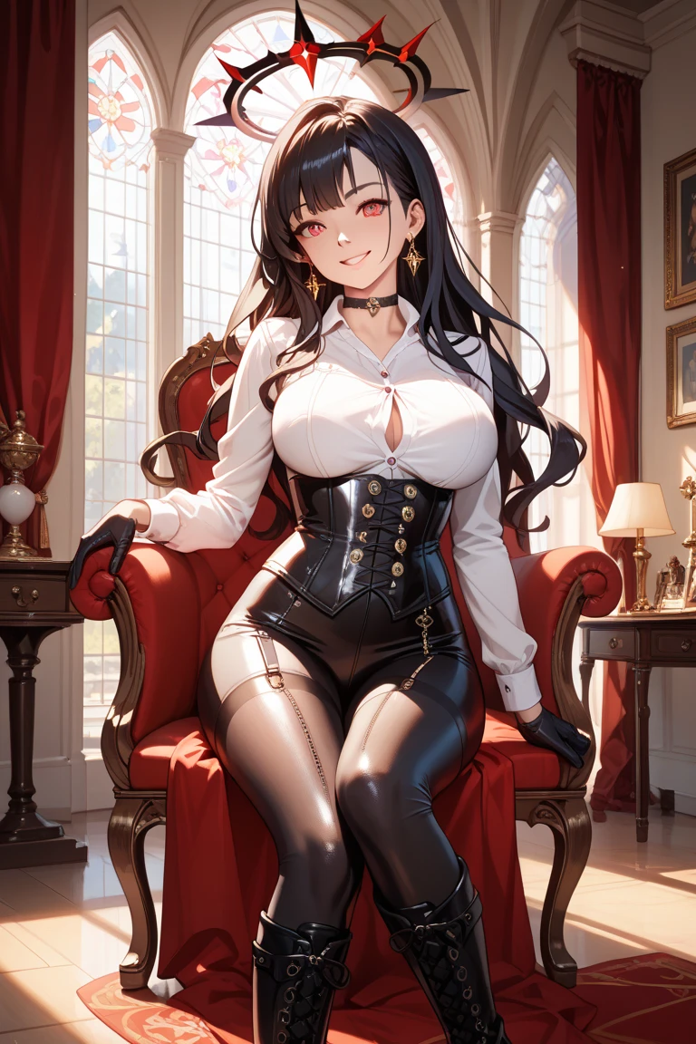 an aristocrat girl, beautiful, slender, sexy, big elastic breasts, makeup, shirt, unbuttoned top buttons, tie between breasts, skirt, lace stockings with suspenders with garters, gloves, sitting in an armchair elegantly crossed legs, in a room,