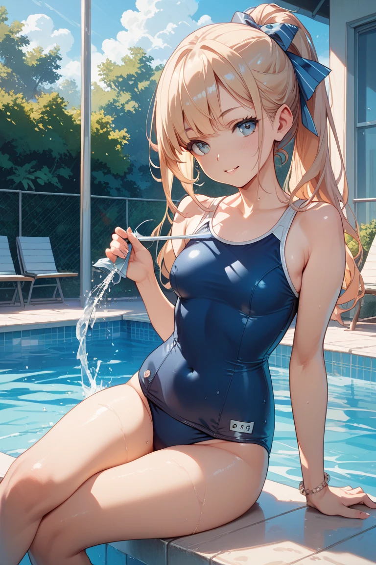 Absurd, Super detailedな,(In 8K:1.3),Masseter muscle area,(masterpiece:1.2)、(Highest quality)、4K、Super detailed、(Movement Structure:1.4)、(Shining Lights、Atmosphere lighting), High resolution, Best Quality、(One girl:1.4),Super detailedな,Bright colors、Treebreak Production Art、(Warm color light source:1.2),High-level image quality、Fine image quality、Intricate details,Volumetric Lighting,Realism BREAK、Profile、 Idol face、15 years old、Very beautiful face and eyes, Beautiful images、 natural make up、puffy eyes、catchlight eyes、deep detailed eyes、 (Big Tits:1.2)、(glossy skin :1.5),(curvy body:1.2)、 (Be embarrassed:1.4), (blonde hair、blunt bangs、twintails、wet hair), (Be embarrassed:1.4), Dark navy eye color. (A school swimsuit with a vivid texture:1.3), (super wet skin:1.2) 、(Breast bag)、 (School swimming pool),(Baby Face:1.5)