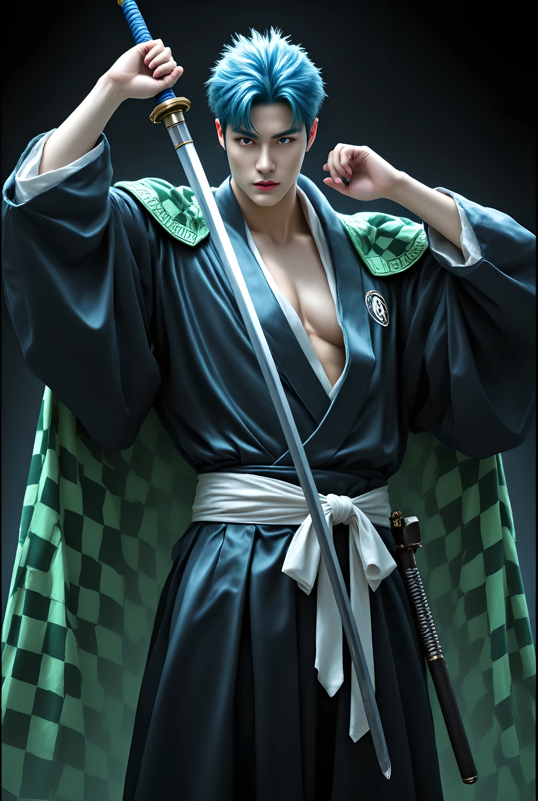 Create a photo-realistic image of a muscular samurai warrior standing confidently. He has vibrant blue hair and piercing eyes, exuding an intense and determined aura. His attire consists of a dark, flowing kimono with intricate green checkered patterns on the sleeves and shoulders. The kimono is tied at the waist with a white obi belt, accentuating his well-defined physique.
In his right hand, he holds a traditional katana sword with a sleek, metallic blade and a dark hilt wrapped in blue cord. The sword is held high, ready for action, while his left hand is slightly raised, as if gesturing or preparing to strike. The background is dark and minimalistic, drawing attention to the samurai's imposing presence. Lighting should be dramatic, highlighting the contours of his muscles and the reflective surfaces of the sword and kimono. The overall mood should be intense, powerful, and cinematic, capturing the essence of a legendary warrior poised for battle.