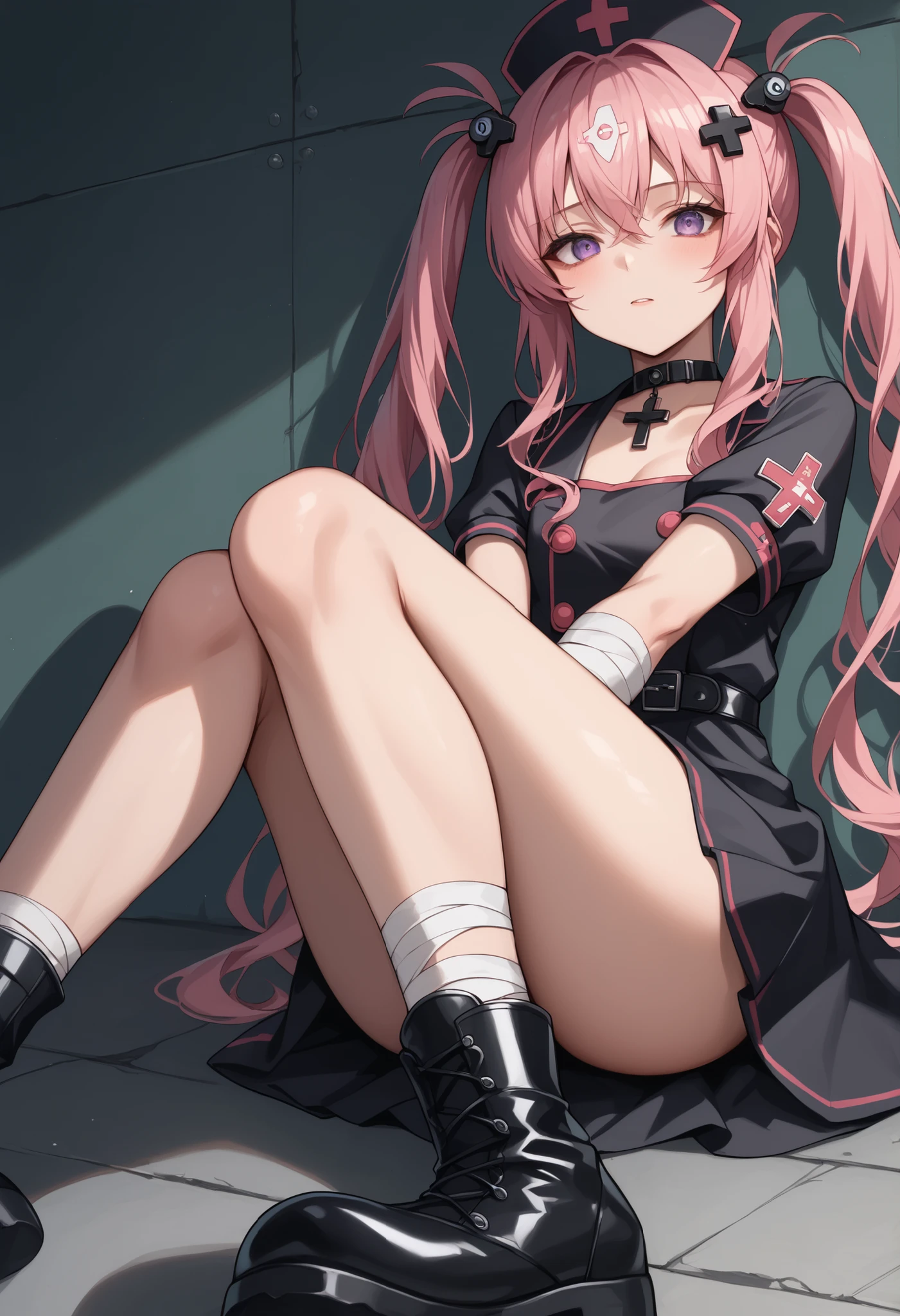 masterpiece, best quality, nicole demara, solo, pink hair, hair ornament, hair ribbon, hairclip, long hair,
aroused, open mouth, kneeling, naked black footwear, black ribbon,black socks, black thighhighs, boots, earrings, jewelry, kneehighs, nail polish, necklace, o-ring, single kneehigh, single sock, single thighhigh, socks, thigh strap, thighhighs, torn clothes, two side up, street, (clothes lift), nipples show off, bottomless, pussy, cowboy shot,