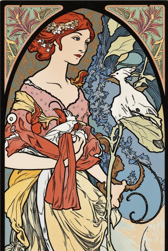 <lora:AlphonseMucha:1>an art nouveau poster with a woman holding a bird in her hand and another woman holding a bird in her hand by Alphonse Mucha