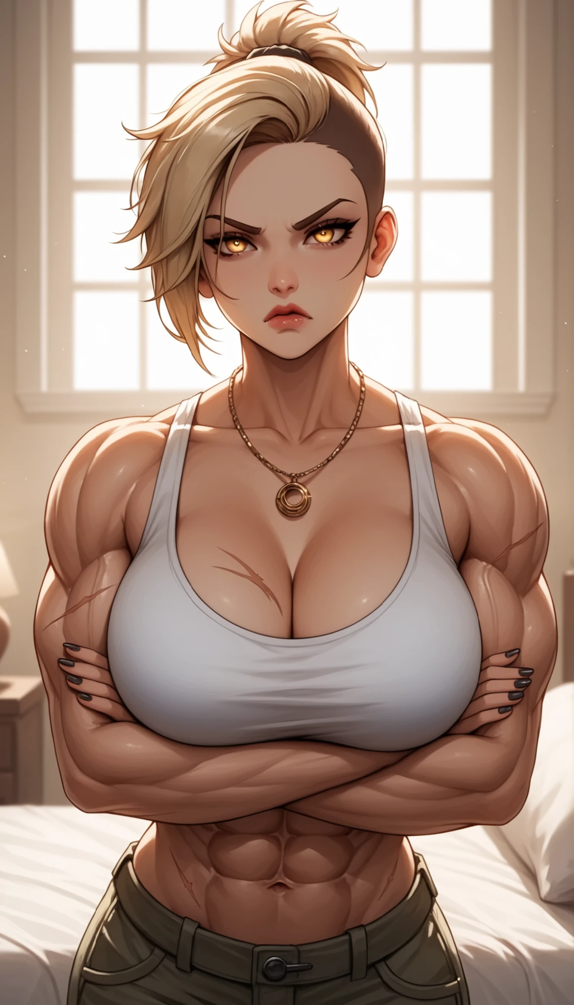 big cute woman (maid、sports bra) ,((golden hair)) short hair
, ((hyper muscular:1.2 )) , ((big breasts:1.4)), (strong) , (muscular) (in the home)
((in the kitchen)) (surprised) Screaming in shock