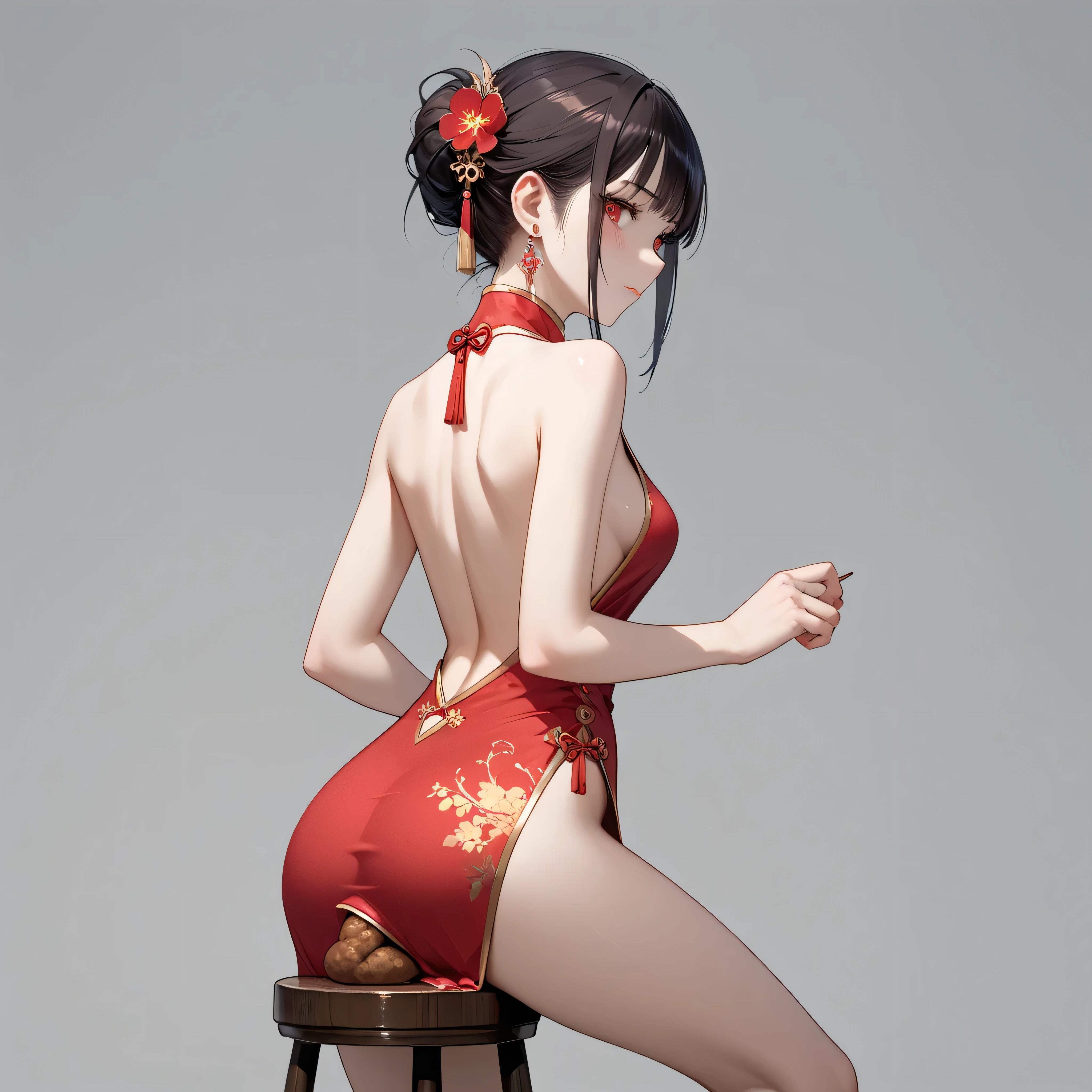 create beautiful chinese 3D girl with big chest and big hip wearing attractive hot dress pointing side portrait full body