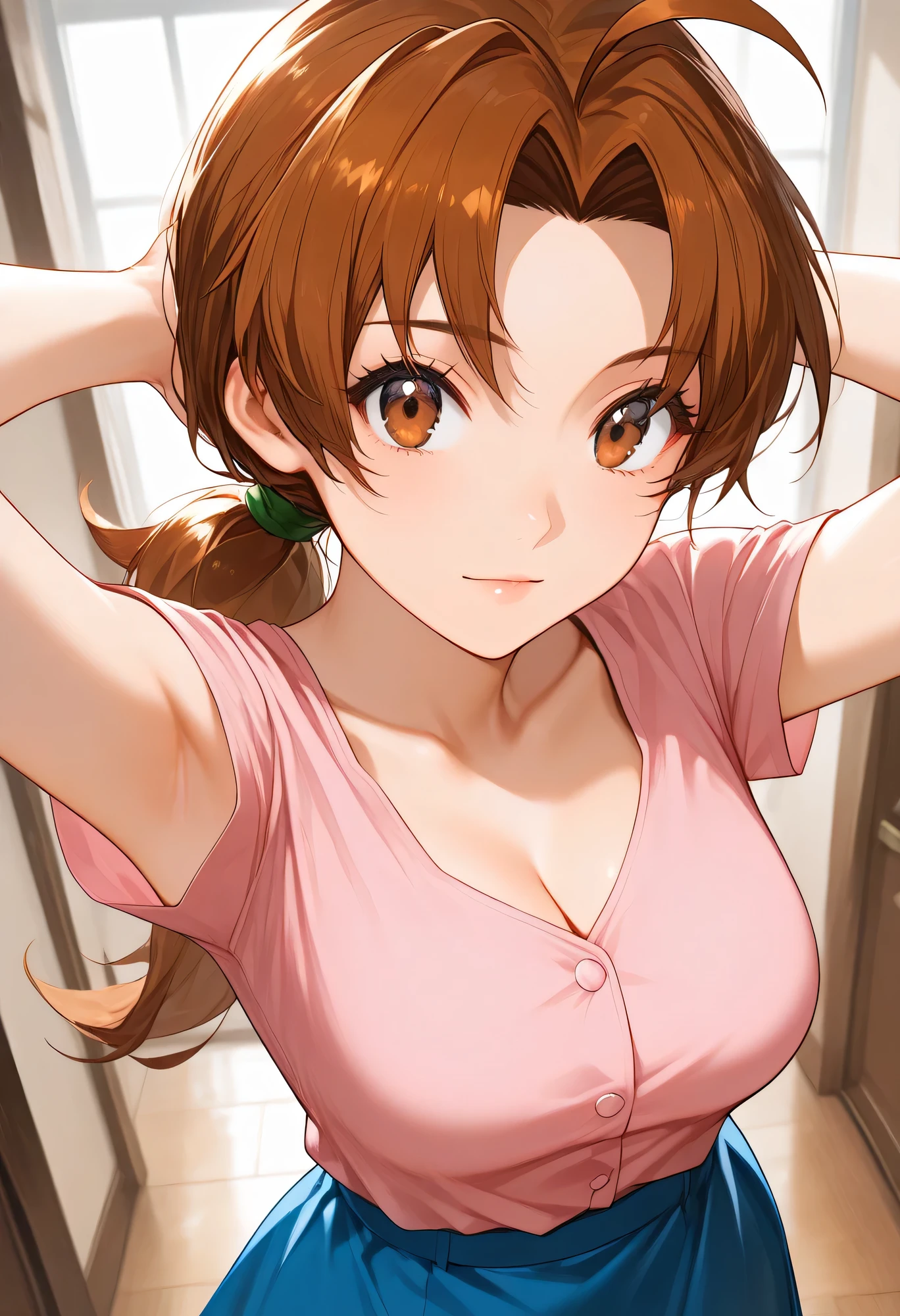 score_9, score_8_up, score_7_up, source_anime,
deliaketchum, deliaketchum, brown hair, brown eyes, parted bangs, ahoge, ponytail, low ponytail,
shirt, pink shirt, short sleeves, skirt, blue skirt, long skirt,
indoors,
looking at viewer, cowboy shot, dutch angle, Close up, From above, Armpit , cleavage, Random pose