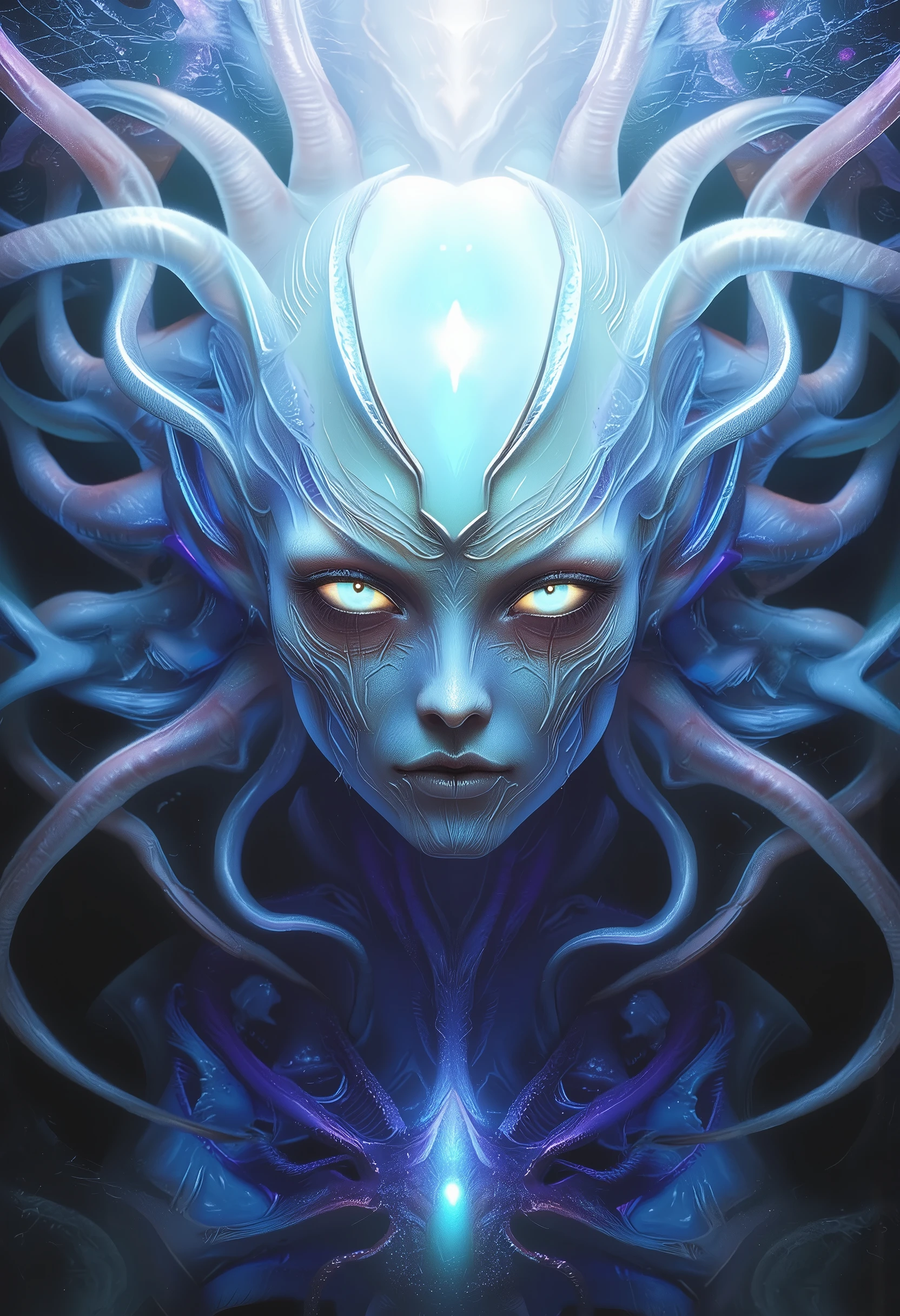 (highres,photorealistic,sharp focus),humanoid alien creature with a vertically split face forming a mouth,beautiful predatory creature resembling a woman,alien-monster hybrid,terrifying hunter,[cosmic,extraterrestrial] being,organic entity,otherworldly predator,transcendent life form,long,flowing hair,piercing,glowing eyes,intense gaze,[elegant,graceful],seductive facial features,[sharp,pointed,elongated] teeth,[venomous,poisonous] fangs,fierce,captivating smile,sleek yet muscular body,[curves,figure] resembling a woman,[graceful,towering] presence,alien skin texture resembling iridescent scales,[ethereal,luminescent] glow,[sinister,ominous] aura,slinking,bipedal movement,[silent,predatory] footstepesmerizing,hypnotic] dance,[unearthly,haunting] elegance,contrasting colors,[darkness,shadows] embracing the creature,dystopian background scenery,[cosmic,galactic] backdrop,ominous celestial bodies,pulsating nebulas,[extraterrestrial,surreal] vegetation,rays of ethereal light [filtering,caressing] the scene,dramatic chiaroscuro lighting,penetrating the darkness,creating an intimate yet terrifying ambiance.