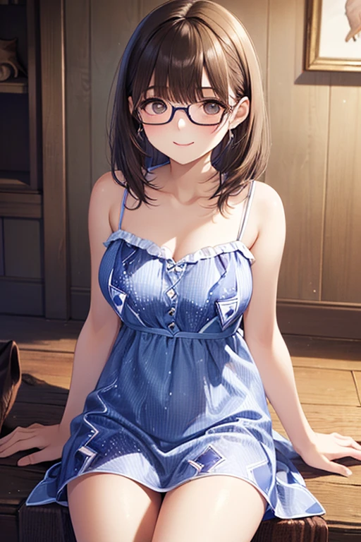 in 8K、top-quality、masterpiece、ultra-detailliert、Ultra-high resolution、((1 persons))、girl with、bobhair、dark brown hair、makeups、a necklace、Big round lens glasses、Small breasts、Wrap a bath towel around your body、cleavage of the breast、(((Sit on the bed)))