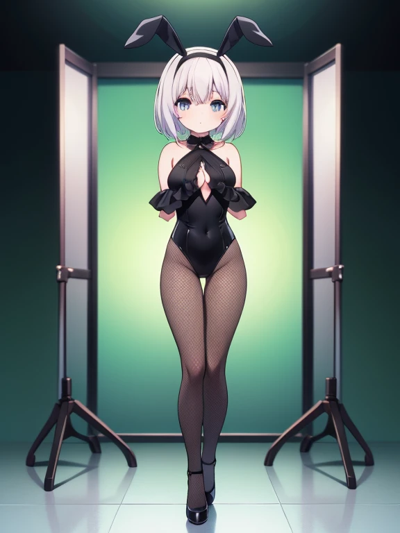 1girl, solo, gyaku Bunny girl, has sleeves up to the shoulders, nipples are covered with heart-shaped black nipple covers, Pussy covered with black color tape, Bunny Girl Cuffs, collar, Wear fishnet tights from the thighs to the feet, High heels, bare stomach, bare navel, (Leaning forward), wink, Short Bob, clear skin, blush, large breasts,