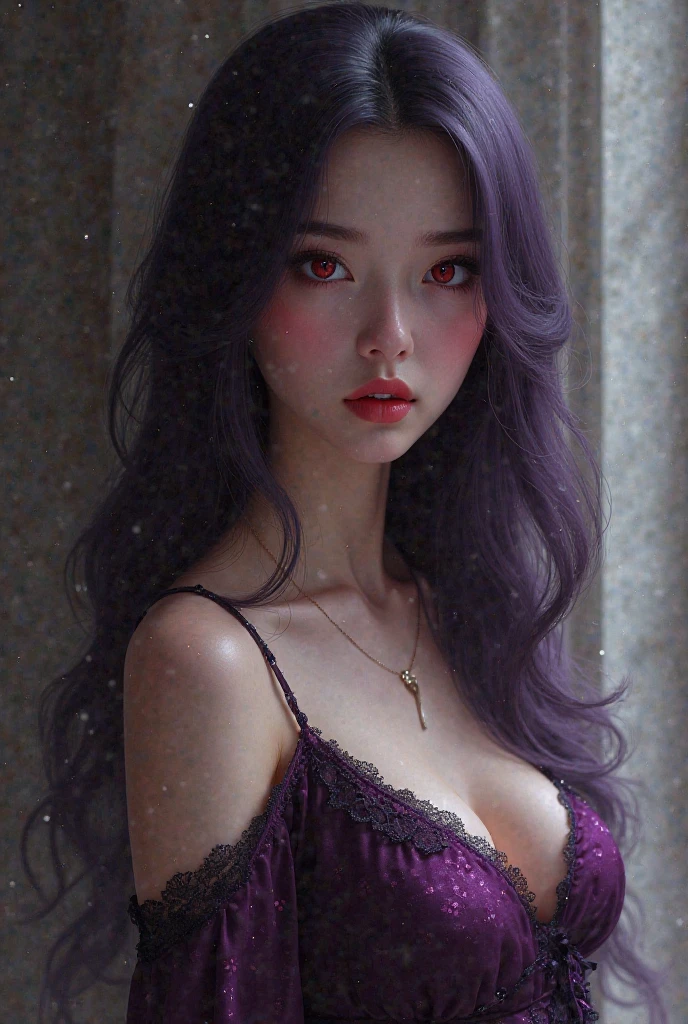 A beautiful and sexy 20 year old girl who looks like a Vietnamese girl, ((Wearing pajamas to hide her big round breasts: 1.5)), Extremely sexy girl in a small camisole, short hair long and purple hair, the most detailed and beautiful hair jewelry, ((wearing a light purple lace necklace:1.6)), Super cute little face Extremely pretty face, thin eyebrows, flawlessly beautiful face dark spots, ((black eye pupils: 0.8)), very beautiful eyes, ((purple eyes: 1.4)), beautiful and detailed eyelashes, high nose, earrings, thin lips, plump red lips, forbidden to smile, beautiful lips, slim arms, The most beautiful thighs, ((2 arms reaching out to the sides: 1.5) ), healthy limbs, 1 hand stroking hair, rosy face, clean face, flawless beautiful face blemishes, smooth white skin, (big breasts: 1.5)), flat breasts, beautiful cleavage, ((big and super round breasts: 1.5)), ((super firm) breasts: 1.4)), ((breast augmentation: 1.6)), beautiful breasts, 2 hands behind her back, beautiful girl's upper body, 8k photo, super high quality, super realistic, 10x super pixel, real photo, dark studio, border light, two-tone light color, ( highly detailed skin: 1.2), 8k ultra, soft light, high quality, volumetric light, realistic, Photo, high resolution, light, best photo, 4k quality, 8k, effect blur effect, Smooth and sharp, 10x pixels, (galaxy: 1.7), aurora, lightning, surreal graphics, most realistic graphics, alone, solo, Extremely sharp, surreal images, ( (frontal portrait: 1.2))." The whole body is turned about 30 degrees, the face is facing forward. 1 tay vuốt mái tóc