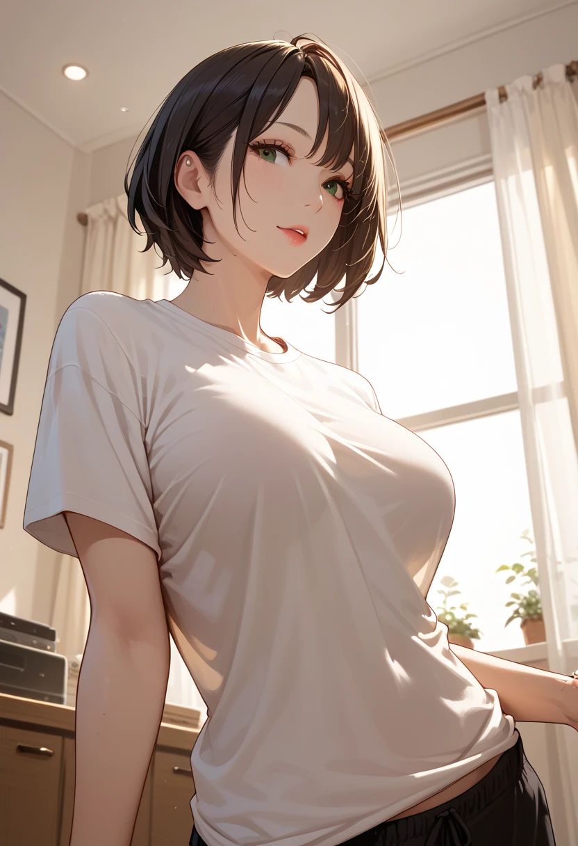 (RAW Photos:1.2), (Realistic:1.4),(Intricate details:1.2),(masterpiece:1.3),(highest quality:1.4), (超High resolution:1.2), Cinema Lighting, 超High resolution,(fine grain), 1 Woman Standing, /(Sleeveless knit shirt/), Mature Woman, /(Black Hair/) bangs, A gentle blushing smile, (Masterpiece Top quality:1.2) Delicate illustrations, super detailed, Big Break /(Modern house living room/)