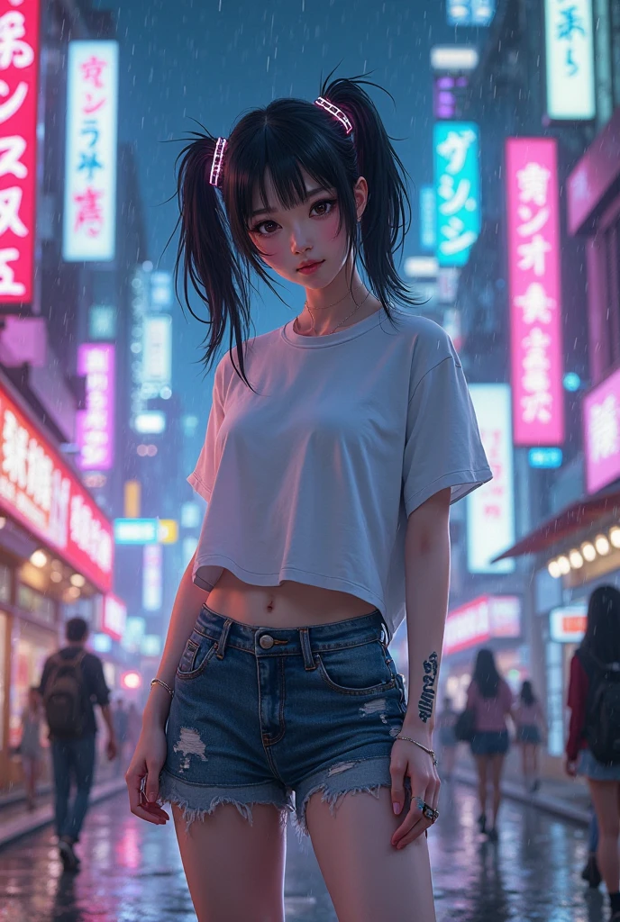 obra de arte, melhor qualidade, 8K, photographic reality, Realista, octane rendering, Busy urban streets in Japan (1 mulher: 1.4), (Apenas uma mulher na tela: 1.3), (camisa branca justa), (longos cabelos dourados), (Saia longa enrolada no quadril), (olhos azuis), corpo inteiro,