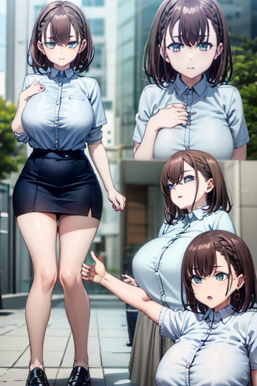 hight resolution、2D Anime Style、Beautiful blue eyes,(Talented lo-fi:1.3),breasts are slightly larger、A cool adult woman with short blonde hair and a serious expression....、Casual fashion that shows cleavage, Walking the streets of Paris,