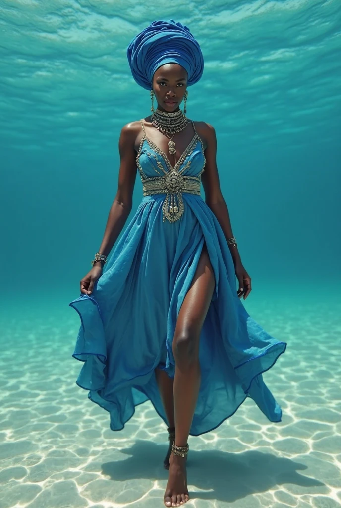 Obra prima , alto realismo , Camera raw , Yemanja , rainha do mar , entidade africana , deusa ,vestido longo azul claro e transparente , bonita , no mar , 4k