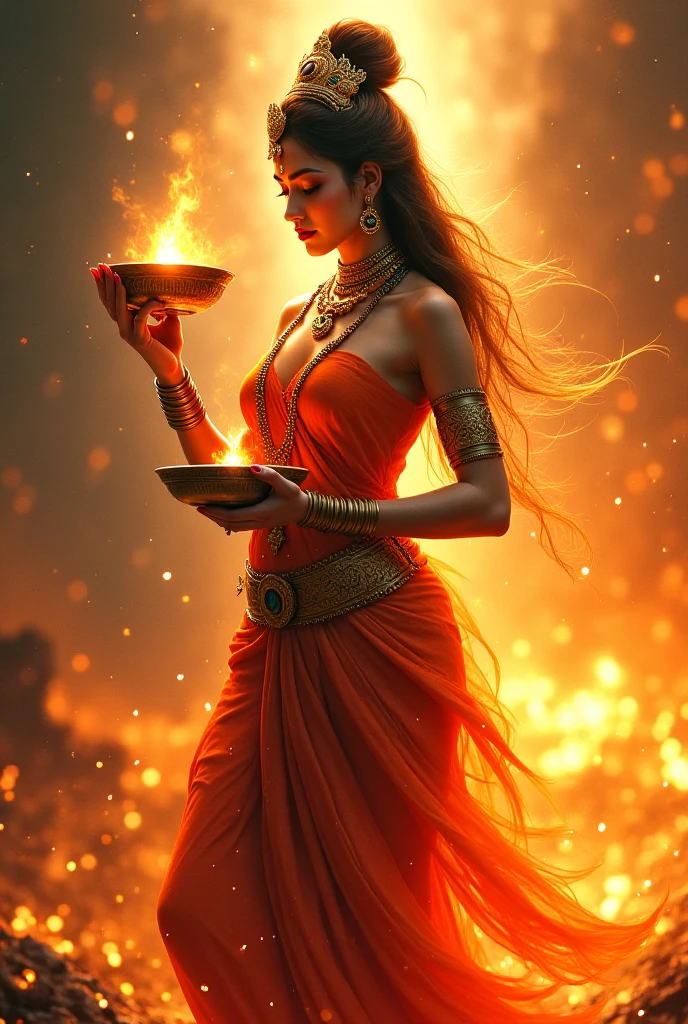 (photorealism:1.2) A beautiful women have 3 eyes and a long tongue and teeth, 4 hand,one hand have a sword second hand have fire cup in third hand bloody head and 4th hand to give bless she have long dark hair she wear red saree and naked and skull mala and wear a skirt of a hand ,long nail , background fire and darkness Strom