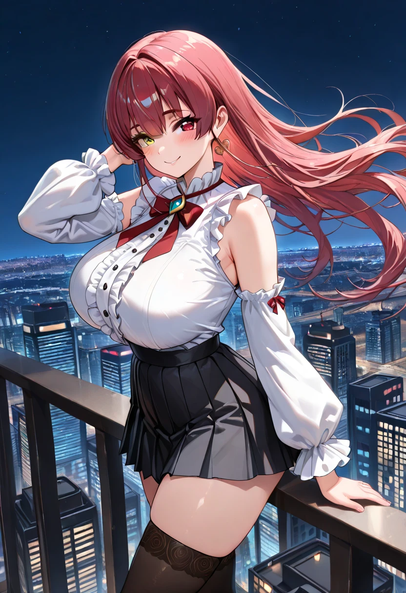 masterpiece, high quality, detailed eyes,
1girl, brown eyes, brown hair, side locks, bangs, long ponytail, hair bow, (woman:1.0), (huge breasts:1.1), (voloptuous:1.0), (thick thighs:1.0), tall, leggy, light smile, (muscular:0.6),
solo, looking at viewer, street, sunset, standing, contrapposto, shirt, blazer, mini pleated skirt, ,, choker, thigh strap, skindentation,