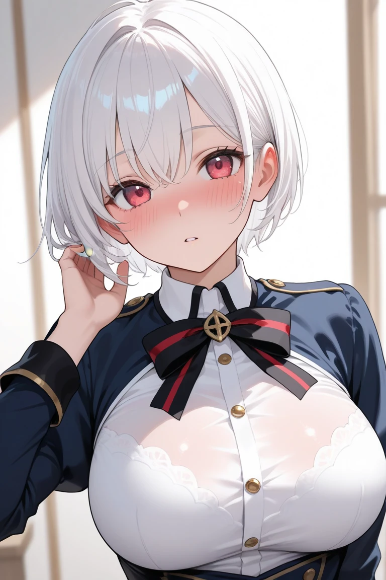 detectivesiesta, smile, short hair, bangs, blue eyes, shirt, hair ornament, long sleeves, dress, bow, white hair, hairclip, blunt bangs, bowtie, red bow, x hair ornament, red bowtie, siesta, (medium breast:1.2), BREAK looking at viewer, BREAK outside, BREAK (masterpiece:1.2), best quality, high resolution, unity 8k wallpaper, (illustration:0.8), (beautiful detailed eyes:1.6), extremely detailed face, perfect lighting, extremely detailed CG, (perfect hands, perfect anatomy),