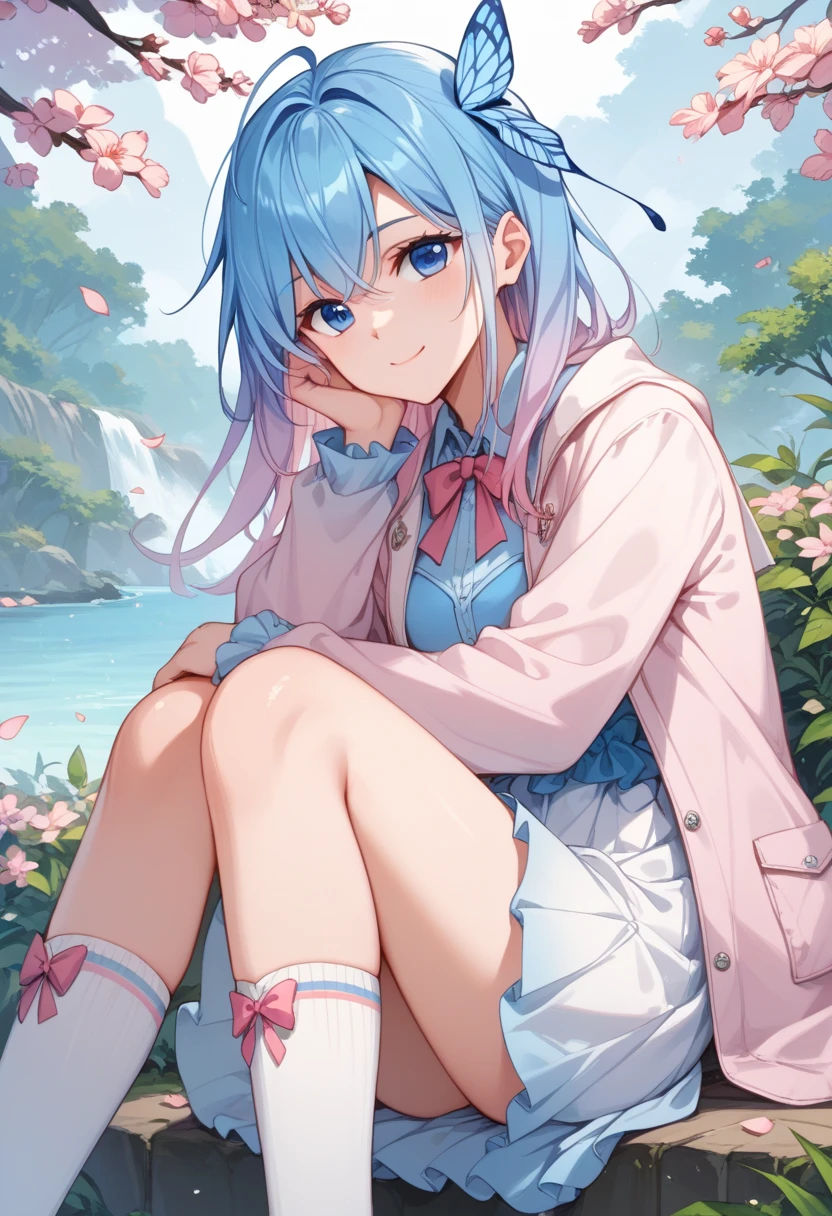 a girl sitting on top of bicycle, dolphin shorts, blue hair, ponytail, in Crystal City