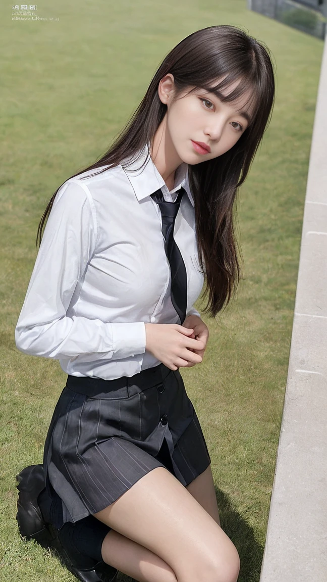 (1 Korean star with royal sister style), ((Best quality, 8K, 巨作: 1.3)), focal point: 1.2, Perfect body beauty: 1.4, (Smile), (Sunset: 1.3),  Watery eyes, highly detailed face and skin textures, Fine eyes, Double eyelids, Whitens the skin, (Long hair, Air bangs: 1.3), (Round face: 1.5), (Uniform: 1.4), (Stand under a street lamp: 1.6),(Black stockings: 1.4),(film grain style:1.3)，a sense of atmosphere