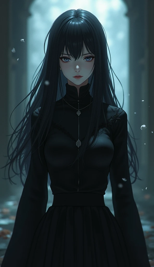 Masterpiece, anime, the famele protagonist of a assassin's game (dark blue tied hair, small breasts, beaultiful, wearing black clothes) in dramatic pose, surreal effects of light and shadows, in a frozen river