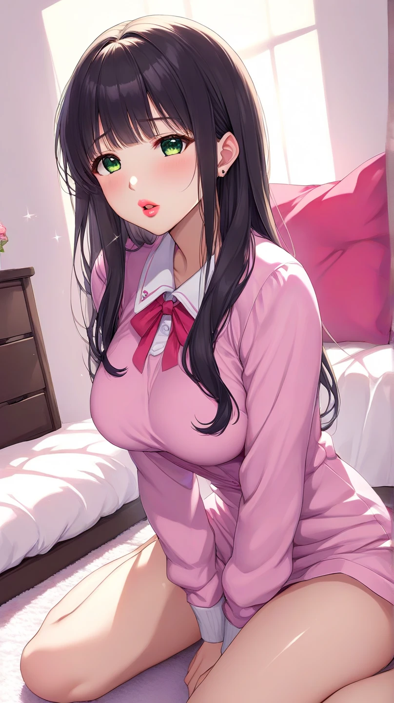 One very beautiful brunette, bangs,((tongue face:1.5, open mouth:0.9)), college girl, very gorgeous body,(((medium breasts, undressing, nude breast:1.8, nude, striptease, showing her pussy, spreading legs, view from above, pov sex, ahegao, tongue face))), big and green eyes, lipstick, eyelash,(in the kitchen, sexy nurse outfit, cleavage, micro skirt, sexy high sock)