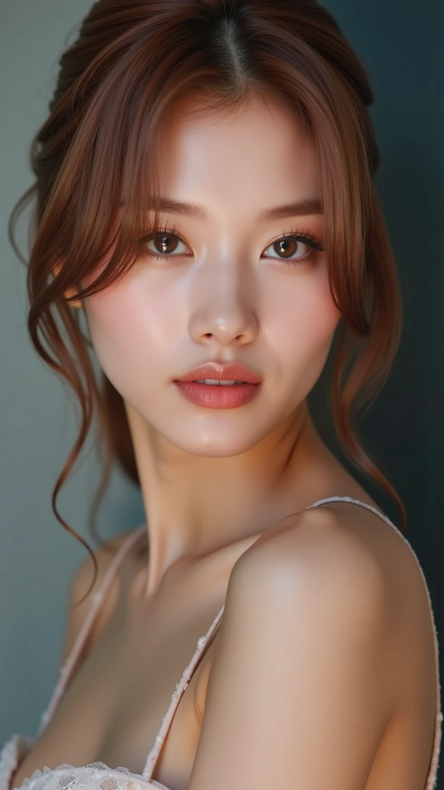 high-resolution, hyper-realistic, impressively-detailed, intricate, layered, A pretty Japanese, Slender figure, Busty Breasts, 25 years old, squinting, lie on pale white bed, Dark brown hair,wearing plain pretty light pink Halter neck lace teddy with peek-a-boo cups, looking at viewer, impressively detailed face and skin texture, sharp, Detailed eyes, Double eyelid, full body, cowboy shot, from above