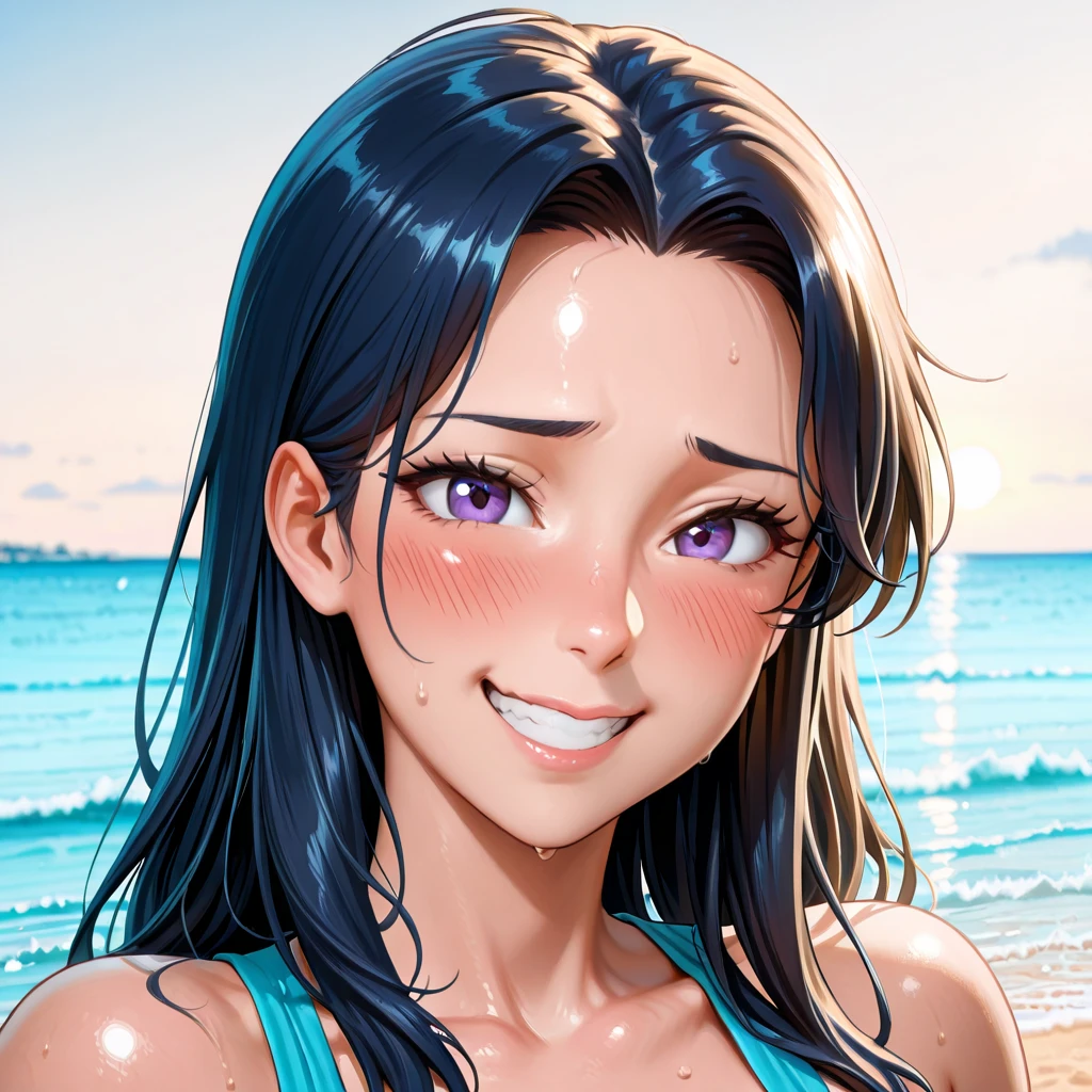 (mature female:1.4), short hair, pony tail, multiple hair clip, black hair color, black bikini, pink shawl flower motive, seductive smile, shy, freckles, blush face, blue sky, seashore, arms behind head, hair over one eye, dynamic lighting, high contrast, two tone lighting