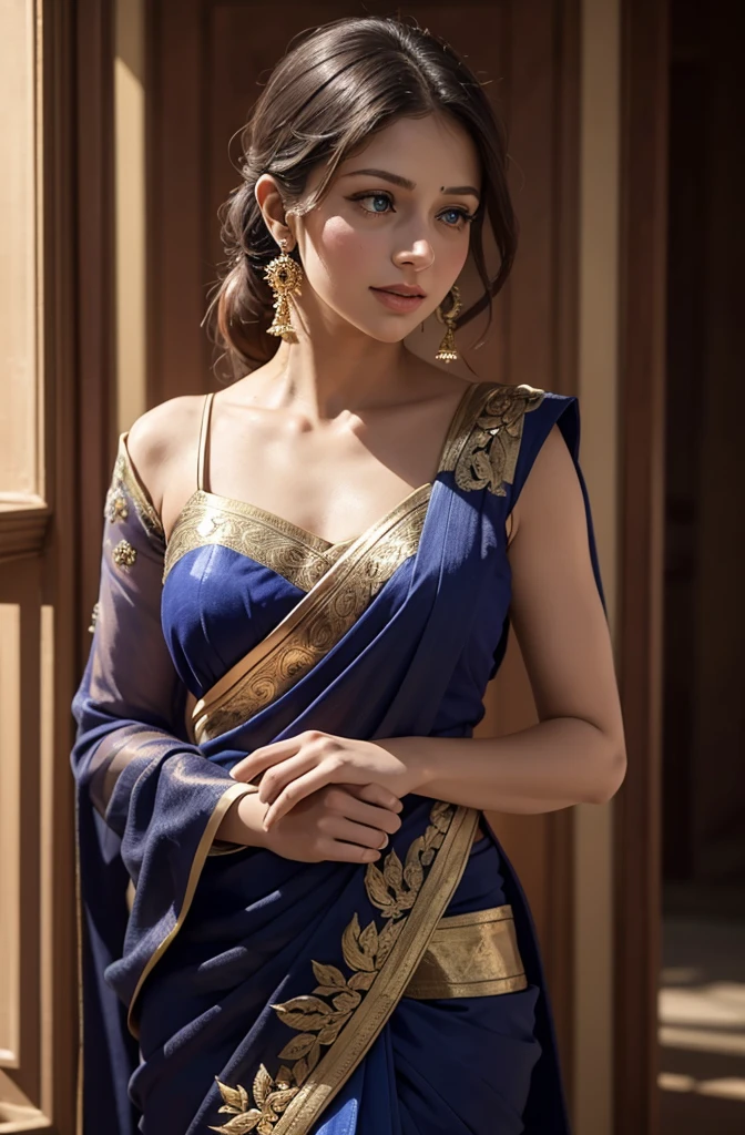 nsfw:0.9、smile、Cowboy Shot、Nipples are visible、Abdominal muscles、((Beautiful young Indian woman))、(Dark Skin)、Trendy hairstyle、Black Hair、((Big Breasts))、((A sheer sari dress with intricate embellishments))、(((Ultra tight blue saree)))、Lots of accessories、maharaja、Slender women、 8K Ultra HD,Detailed face、Delicate texture, (((Trendy hairstyle)))、Taj Mahal、Temples in India、Beautiful and majestic palace、((Delicate photo)),(Girl Astepeace RAW Photo Details:1.25), (Highest quality:1.6), (Ultra-high resolution:1.5), (Realistic:1.75), 8K resolution, Canon EOS R5, 50mm, Absurd, Very detailed,Cinema Lighting、