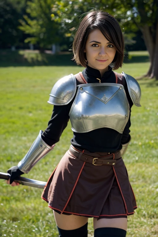 Girl 20 years old, Beautiful elf, beautiful face, bob hairstyle, Light elegant armor, a sword in a sheath, with a forest in the background, with a forest in the background.