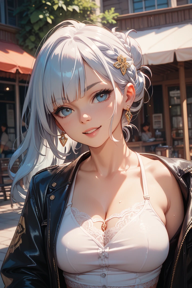 masterpiece, Highest quality, (concentrate alone), (Perfect Face:1.1), (Attention to detail:1.1)Chest size is F、Grab your chest with your hands、Japan 60 years old、Vulgar smile、I can see her cleavage、Very good、Gray hair、Show me your thighs、whole body、Facing the audience、On the road