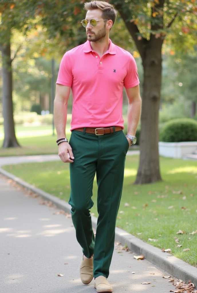 A masculine outfit that consists of a cold pink t-shirt, light beige pants, white tennis shoes, a brown belt and a light mint green cap.
