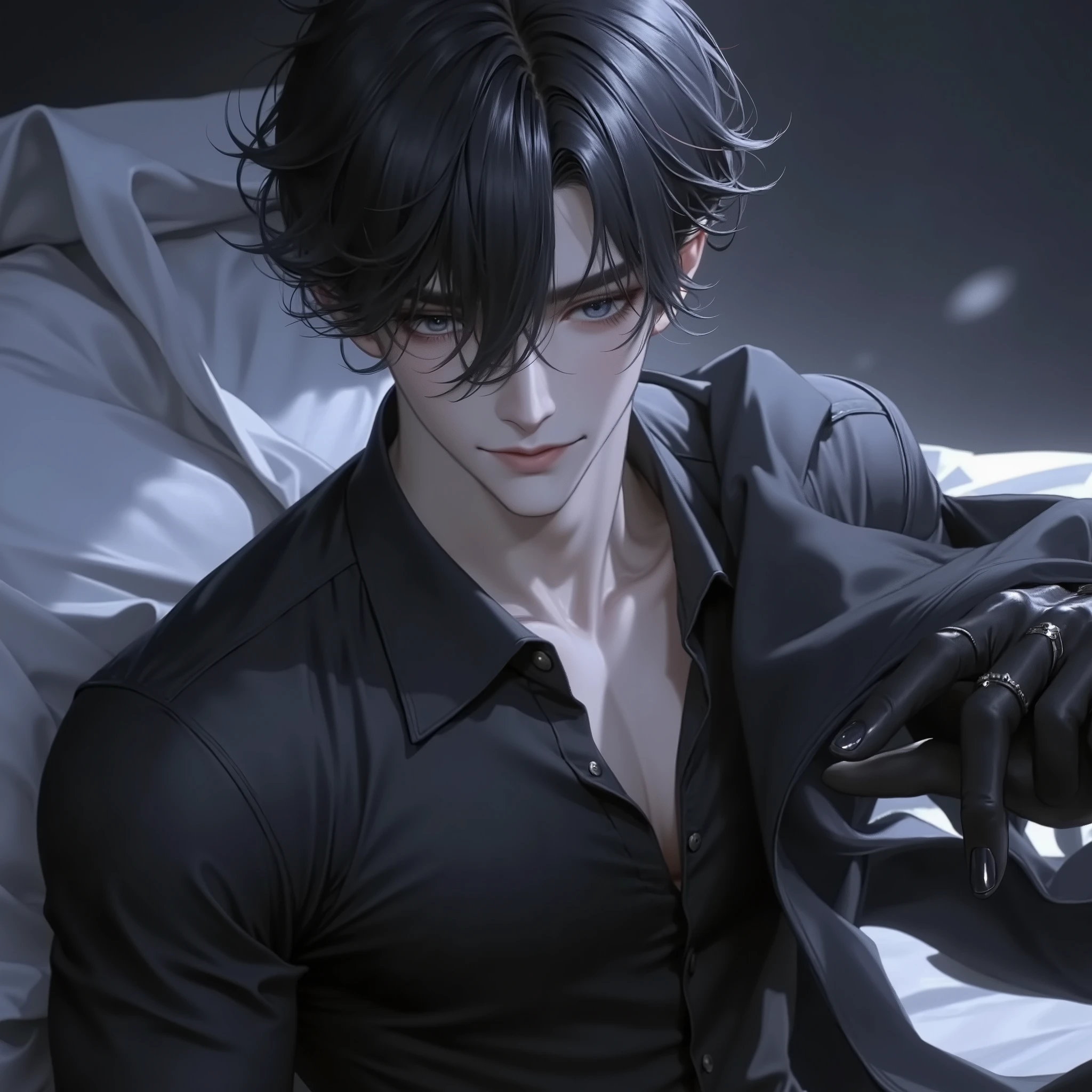 masterpiece, high resolution, premium, 8k, realistic, tall, 190cm, 90kg, person, dark hair , Short curly , big , Appropriate muscles, slender muscles , gray eyes, high pressure, dark, center of screen,black shirt, 3 or more buttons are loose, laugh,high resolution, high quality on the left hand, Open eyes on both sides, Short bangs ,staring head-on