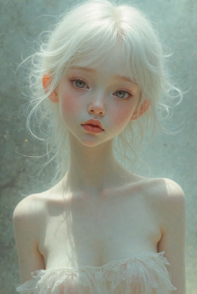 A young girl of 12 years, with , He has short, curly white hair., naked, forest, whole body.