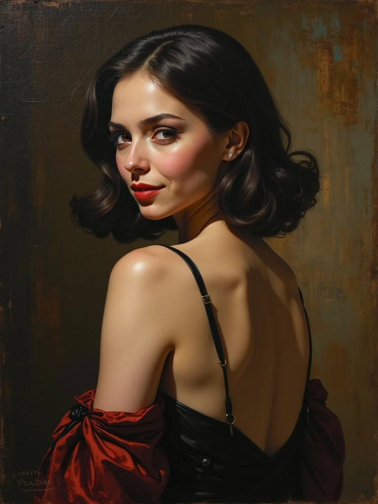(Thirty year old) woman, standing, wearing a (long scarlet red dress:1.2), beautiful legs, dreamy photo, dramatic pose, looking straight at camera, intense stare, slight smile, blood red lips, dark eye make-up, beautiful landscape, misty, andre kohn, Canon, (Detailed features::1.2), real life. Hayley Atwell, intricate, 8k, highly detailed, (extremely detailed CG unity 8k wallpaper), ((square jaw)), (well defined jaw), (downturned lips), (detailed anatomy), Hyperrealistic full shot body image, trending on CGSociety, Intricate, High Detail, Sharp focus, dramatic, volumetric lighting, digital painting, intense, modelshoot style, (extremely detailed CG unity 8k wallpaper), full shot body photo of the most beautiful artwork in the world, pearl skin, professional majestic oil painting by Ed Blinkey, Atey Ghailan, Studio Ghibli, by Jeremy Mann, Greg Manchess, Antonio Moro, trending on ArtStation, photorealistic painting art by midjourney and greg Rutkowski