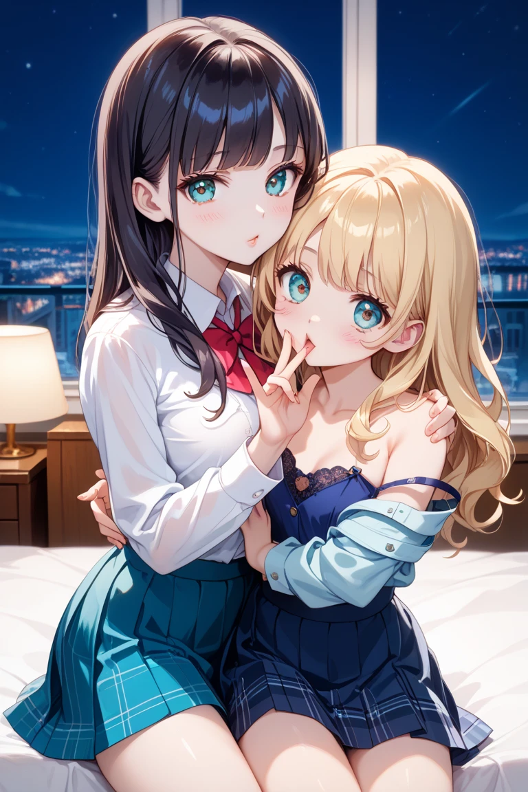 1boy,Hands to shoot、POV, Hold up your smartphone screen、Girl on smartphone screen、Smartphone screen in front of the screen、Smartphone Focus、1girll、Girl in the back、Blonde Gal、Fancy makeup、Shiny pink bed、