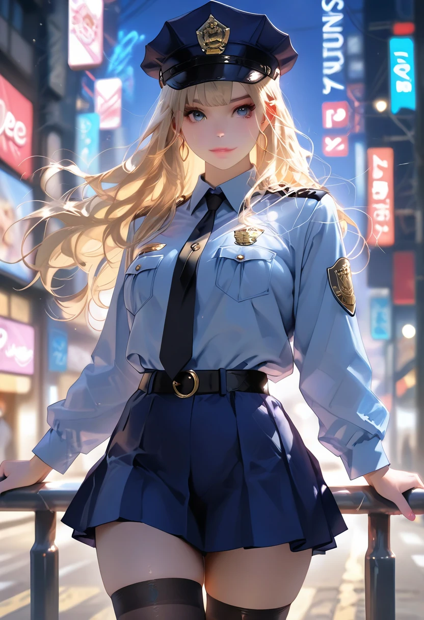 NSFW,masterpiece,Highest quality,High resolution,Very detailed,Baby-faced girl,Young face,Round face,mole,long hair,Twin tails,Short height,Police Officer,hat,Pencil Skirt,pantyhose,Heel,Nightlife,(Molester),is nervous,Put your hands on my waist and hold me close,To put one's hand inside someone's clothes and touch their body.