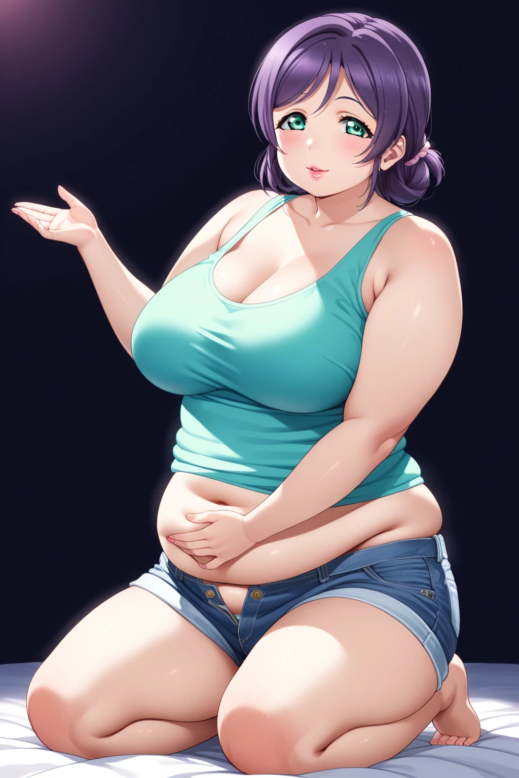 Super delicate sexy girl, short blue hair, green eyes, light skin, solo, 1girl, 8K ultra-high image quality, art by kipteitei, giant belly, black tank top, glasses, jeans, frown, looking at viewer
