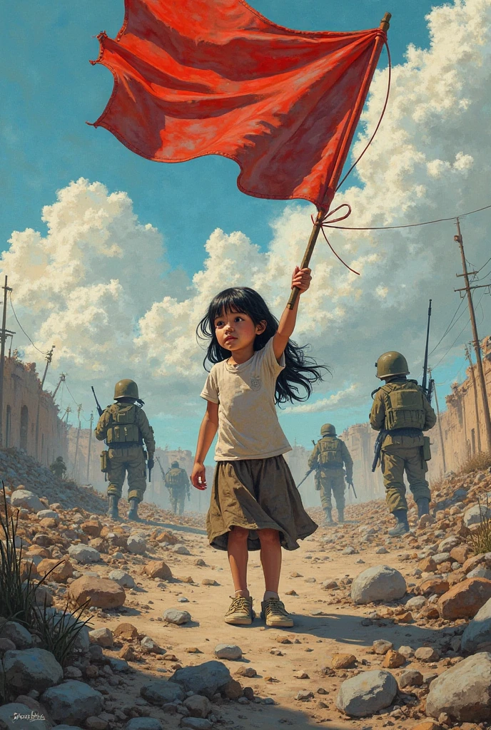 (A girl of about 5 years old with unkempt black hair.:1.2)、Spread your hands to the sides、Spread your legs、A painting blocking the progress of a large 1panzer approaching directly ahead from the back.、(A large panzer coming towards us in the background：1.2）、red and black gradient sky color、Low light、The smallest white flower in the foreground、Apparently the girl is blocking the small flowers from being run over by 1panzer.、intricate and intense Oil paints, Abstract Painting, intricate Oil paintsing artwork, Vadim Kashin、Realistic, gives the viewer a detailed impact, a portrait painted with oil paint, , intricate and wet Oil paints, Oil paints, New art beyond dimensions,  Ryan Hewett、bichu、oil paintin、A three-dimensional painting、super masterpiece、Ultra high definition、vivid colors、