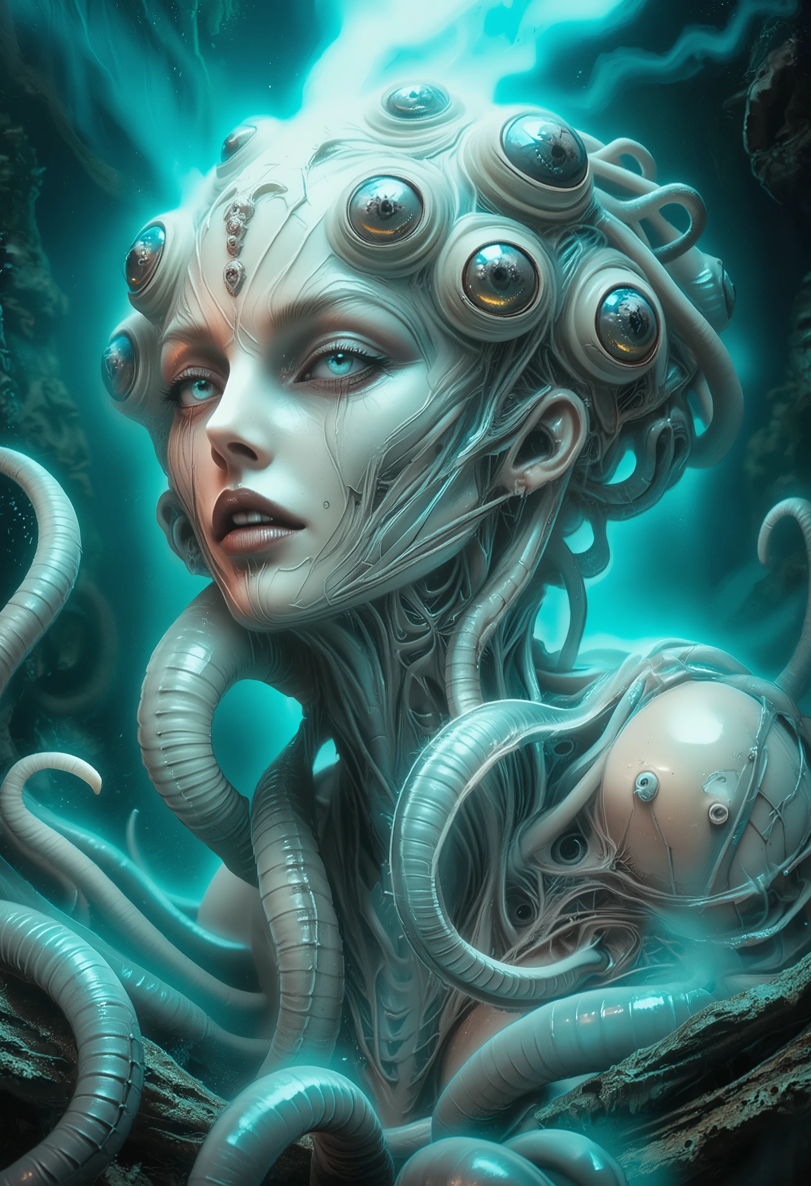 (1 female medusa-like mutant: 1.2), With a beautiful, enchanting face, this alien seduces us with her allure. Her captivating red eyes gleam brightly, reminiscent of burning embers. Her full body is unlike any human's, boasting a sexy, otherworldly form. No humans are present in this scene as she stands alone, her cells fused in a unique and intriguing extraterrestrial way.
(extraordinary beautiful nude photo:1.4), (glowing Jade eyes:1.5), (sexy and glamorous:1.1), (coquettish expression:1.2), toned lean body, (muscular:1.2), (beautiful abs:1.5), beautiful nipples, She has lots of iridescent translucent tentacles instead of her hair, pale skin, (white skin with prominent veins:1.3),
Lots of iridescent translucent tentacles adorn her body, shimmering under the dramatic lighting. Her pale skin, with a hint of translucency, adds to her ethereal allure. This masterpiece, rendered in, (There is a female genital-like organ in the middle of the forehead:1.6),