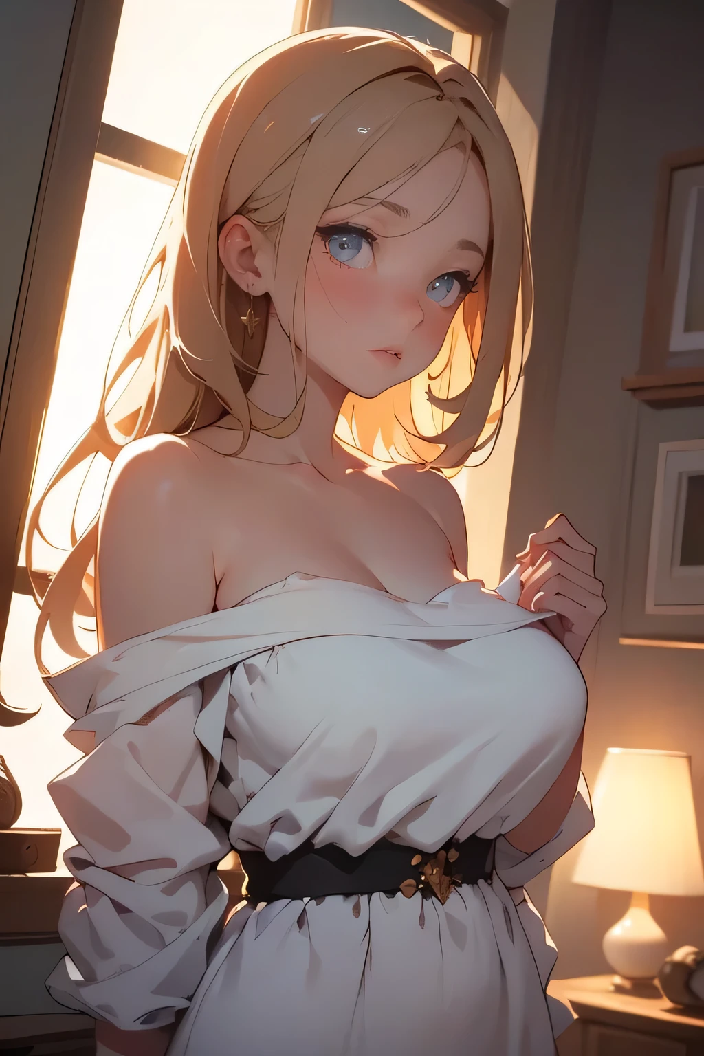 close-up head, facing camera, realistic digital painting portrait of a female human, 3r1nm0r1art72, cute smile, (wavy hair:1.1), (blonde hair:1.3), magical yellow universe, (hair over one eye), (heterochromia), (nude), (completely nude:1.3), nsfw, tatoo, huge tatoo, detailed collarbone, perfect collarbone, mouth wide open, one hand on mouth, (abstract, background:1.2), (light particle:1.1), (very detailed skin:1.2), (game concept:1.3), (elden ring style:1.3), (arcane style:0.8), (depth of field:1.3), global illumination, art by hoang lap and fuji hoko and artgerm and greg rutkowski and viktoria gavrilenko