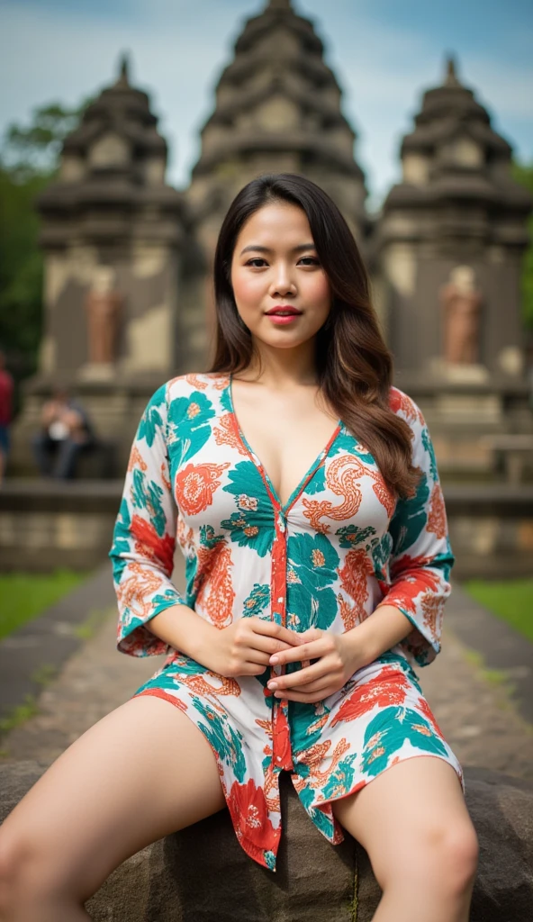 (hyperrealistic photo), exotic beautiful indonesian woman, plump, natural big breasts, knee-lenght sleevelesa batik housedress with intricate floral details, sit on rattan chair, sensual pose, naughty expression, showing peace sign with her finger, looking at the viewer, natural light, wide angle full-body shot, indonesian village house in the background,