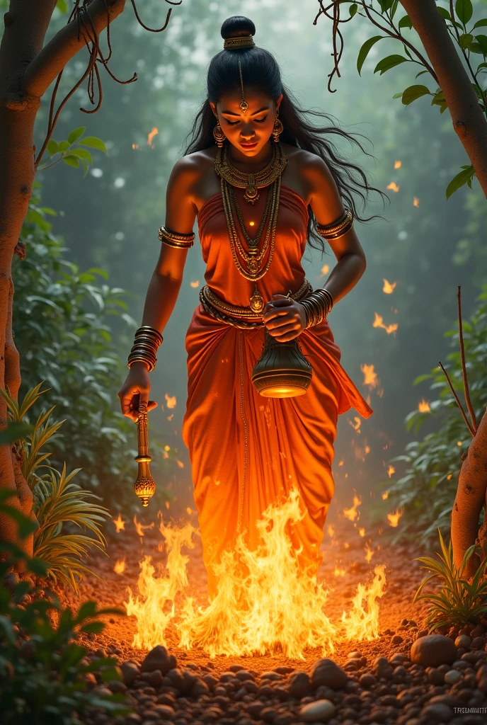 A South Indian queen, who is Hindu, is holding a oil can , with mountains and battlefields in the background , queen make s suicide bomber, she the queen sprinkled oil on herself , she sprinkled oil himself ,