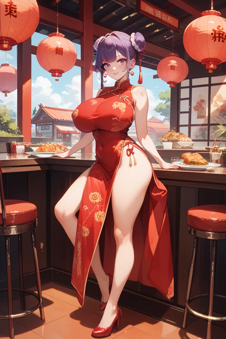 A sexy　Red cheongsam　short-hair　Colossal tits　a junior high school student　Shy　Fox ears and tail　Blue hair　cleavage of the breast　Chinese restaurant at night　underpants