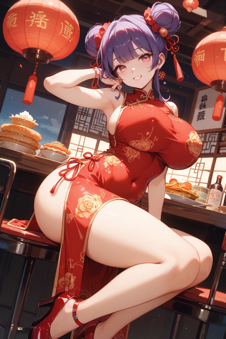 A sexy Red cheongsam short-hair Colossal tits a junior high school student Shy Fox ears and tail Blue hair cleavage of the breast Chinese restaurant at night underpants